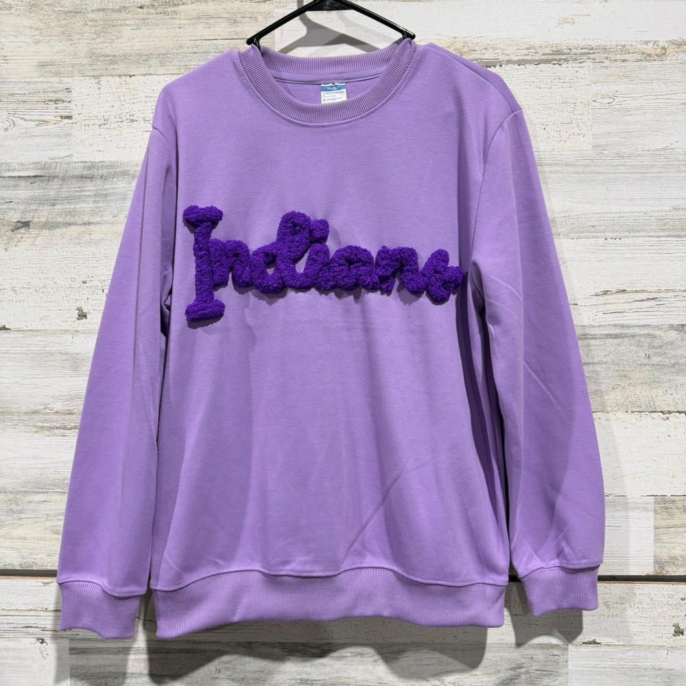 Indians Sweatshirt Women M Purple Chenille Patch Varsity Game Day PNG EUC